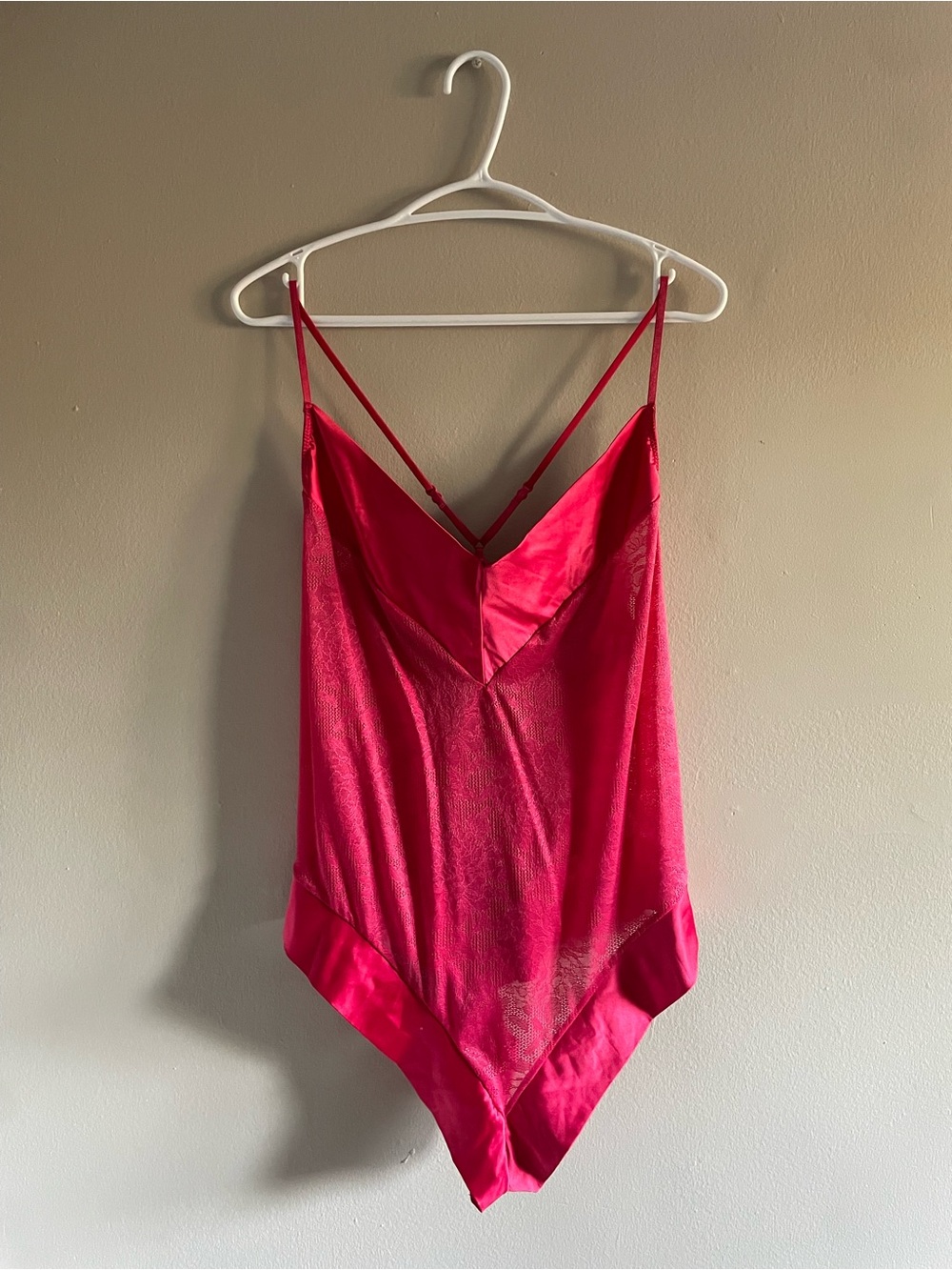 La Vie En Rose Hot Pink Floral Mesh Lace Satin Trim Bodysuit – Size XXL EUC